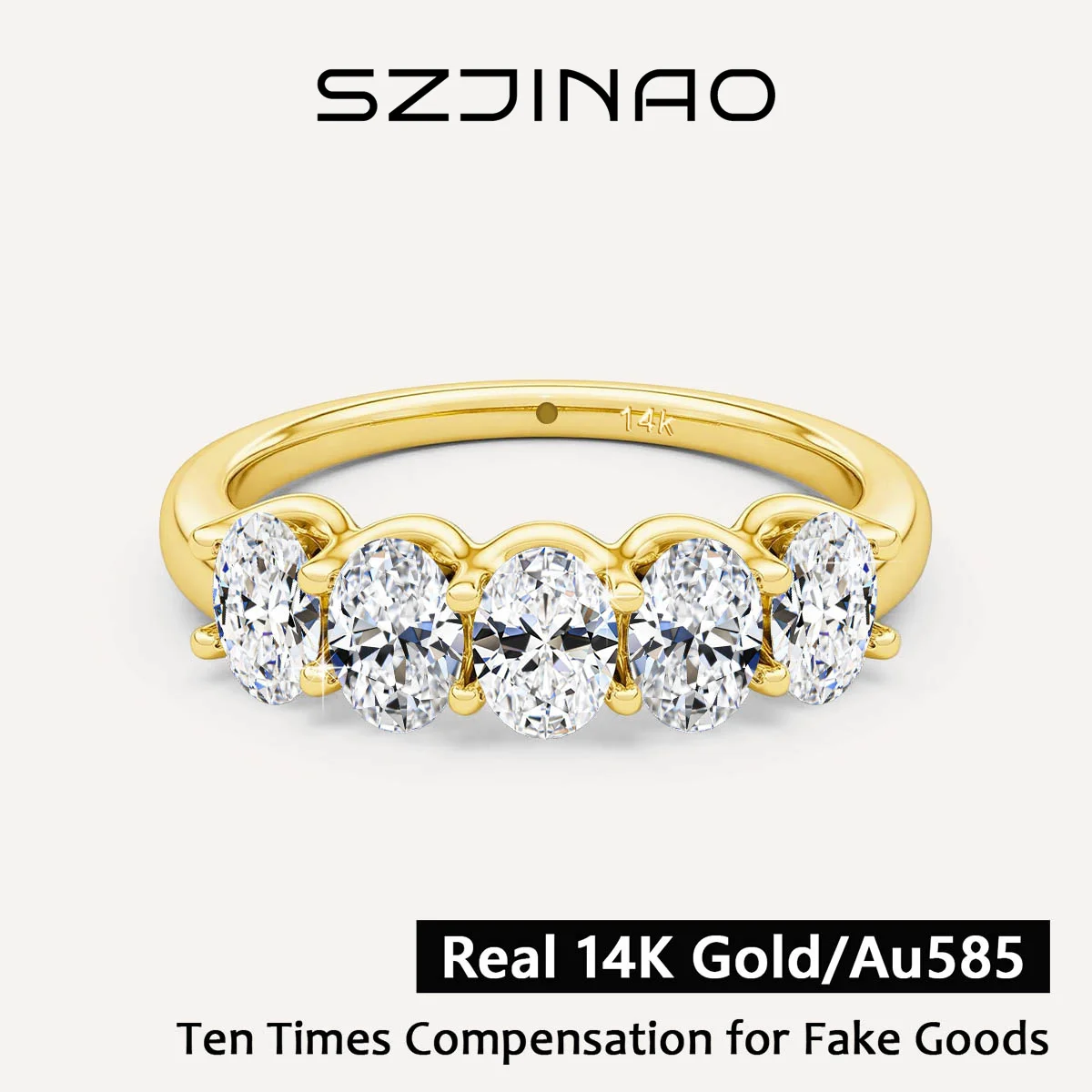 

Oval 14K Yellow Gold Engagement Ring GRA Certified Moissanite Row Band 5 Stone 1.5ctw 100% Authentic for Women Wedding Jewelry