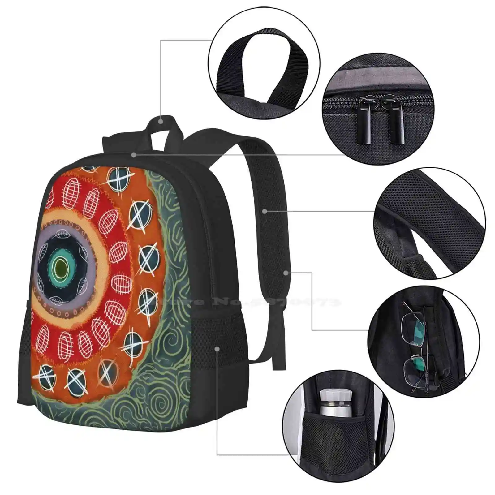 Circle Upon Circle Hot Sale Backpack Fashion Bags Circles Mandala Doodles Leaves Orange Teal Green Red Summer Funky Round And