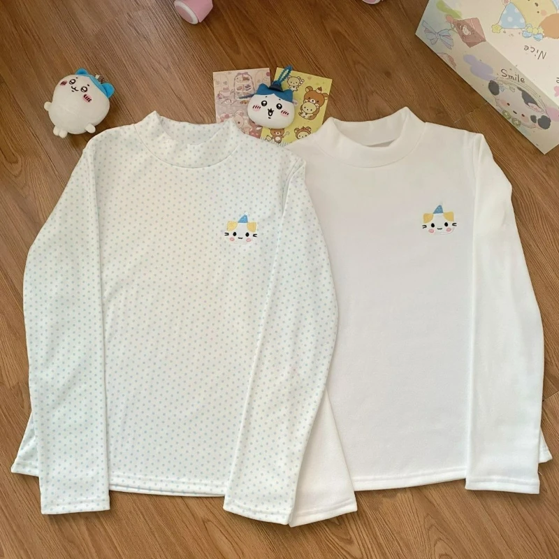 

Японская осенне-зимняя милая футболка с длинным рукавом для женщин, с принтом в горошек и котом, с круглым вырезом, повседневный топ в стиле Y2K, свободная футболка