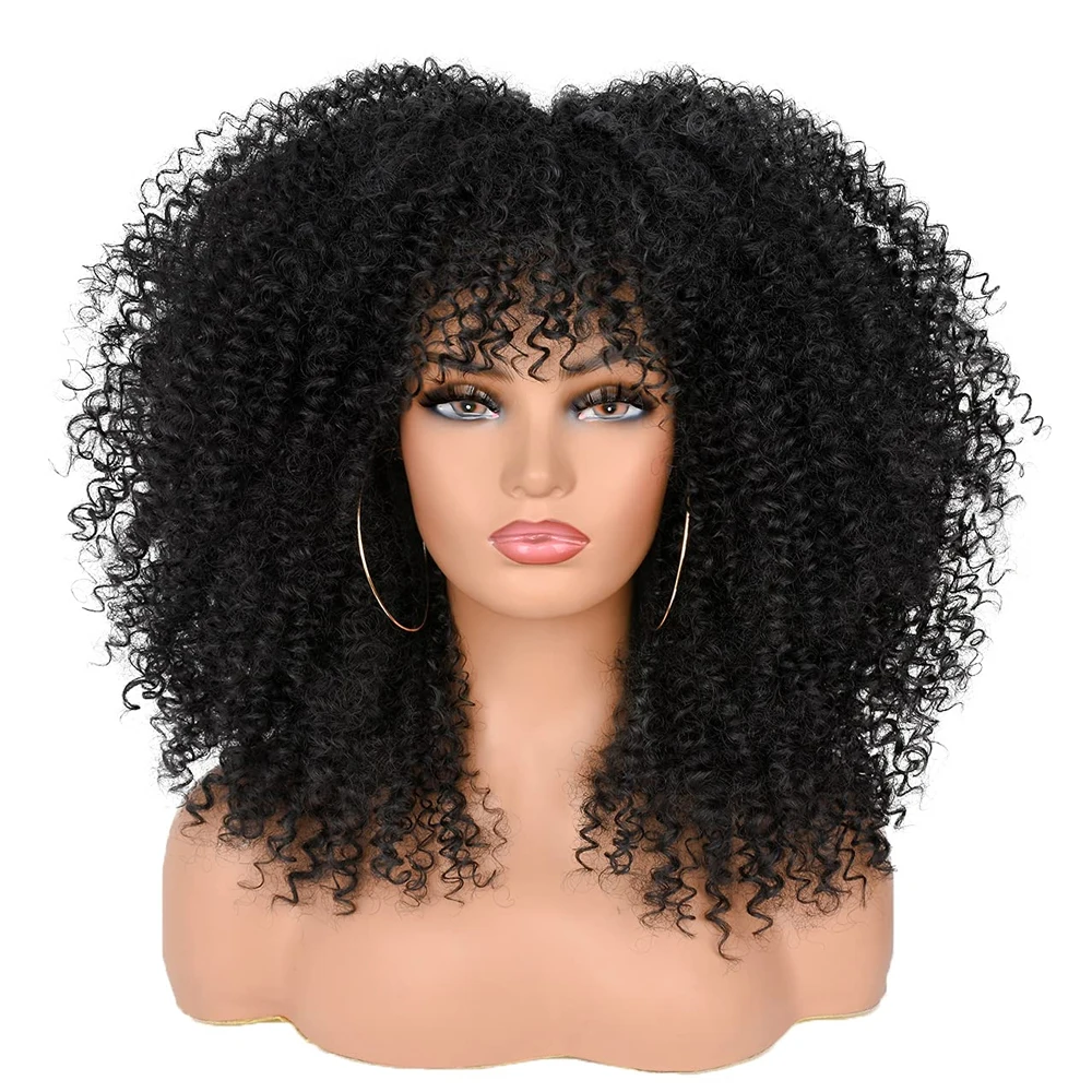 Afro Kinky Curly Synthetic Hair Wigs For Black Women With Bangs Full Machine Made 300% Density Afro Curly Gluless None Lace Wigs