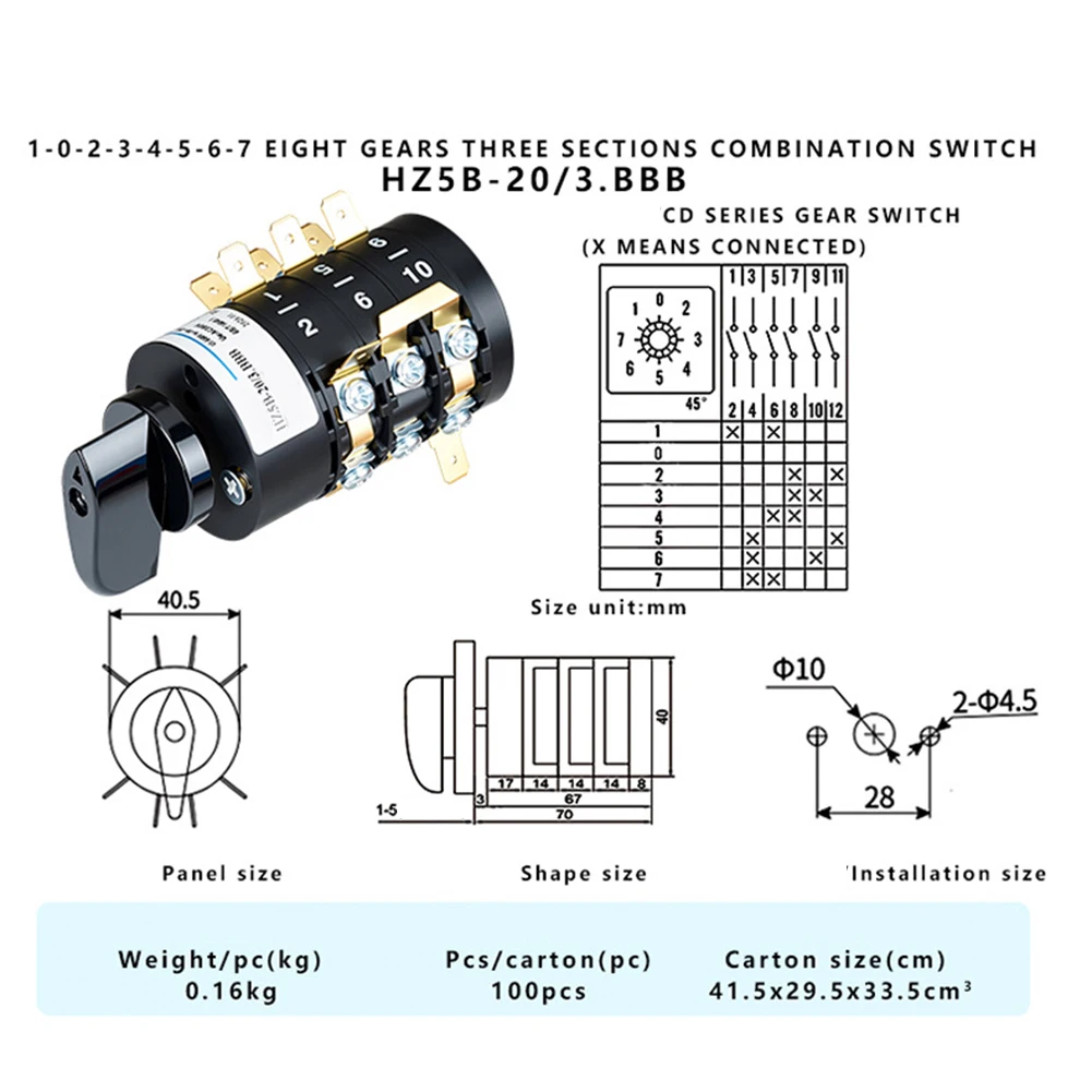 HZ5B-20/3 3P 8 Position Common Rotary Cam Switch 20A Conventional Heating Current for Industrial Electrical Control Panels