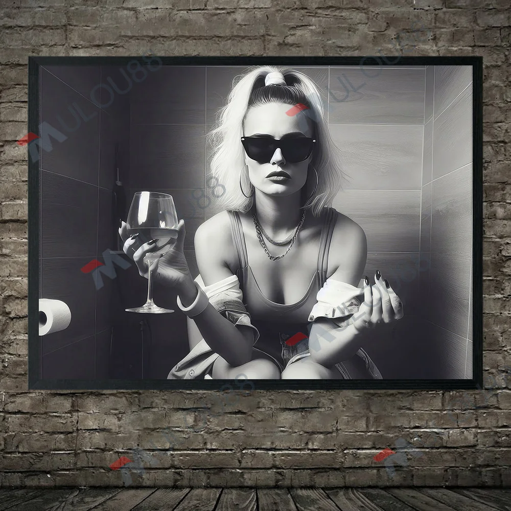 

Woman On Toilet Drinking Wine Wall Art Canvas Painting,Funny Bathroom Black And White Art Poster Print Home Decoration Unframed