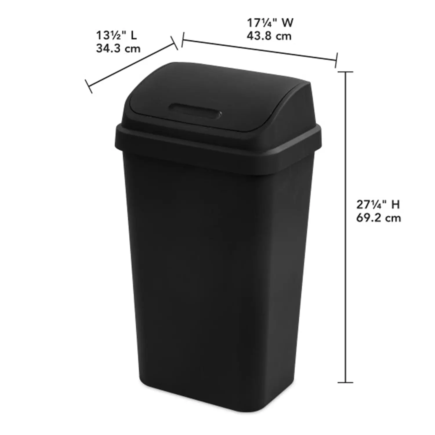 Swing Top Wastebasket, Trash Can, 13 Gallon, Black, 8-Pack