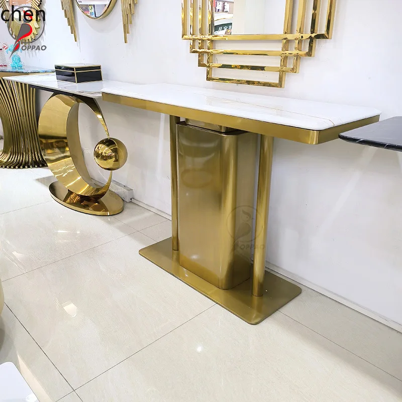 YFY Italian Minimalist Irregular Stainless Steel Titanium gold Rock Slab Entryway Table Hallway Partition Unique Marble