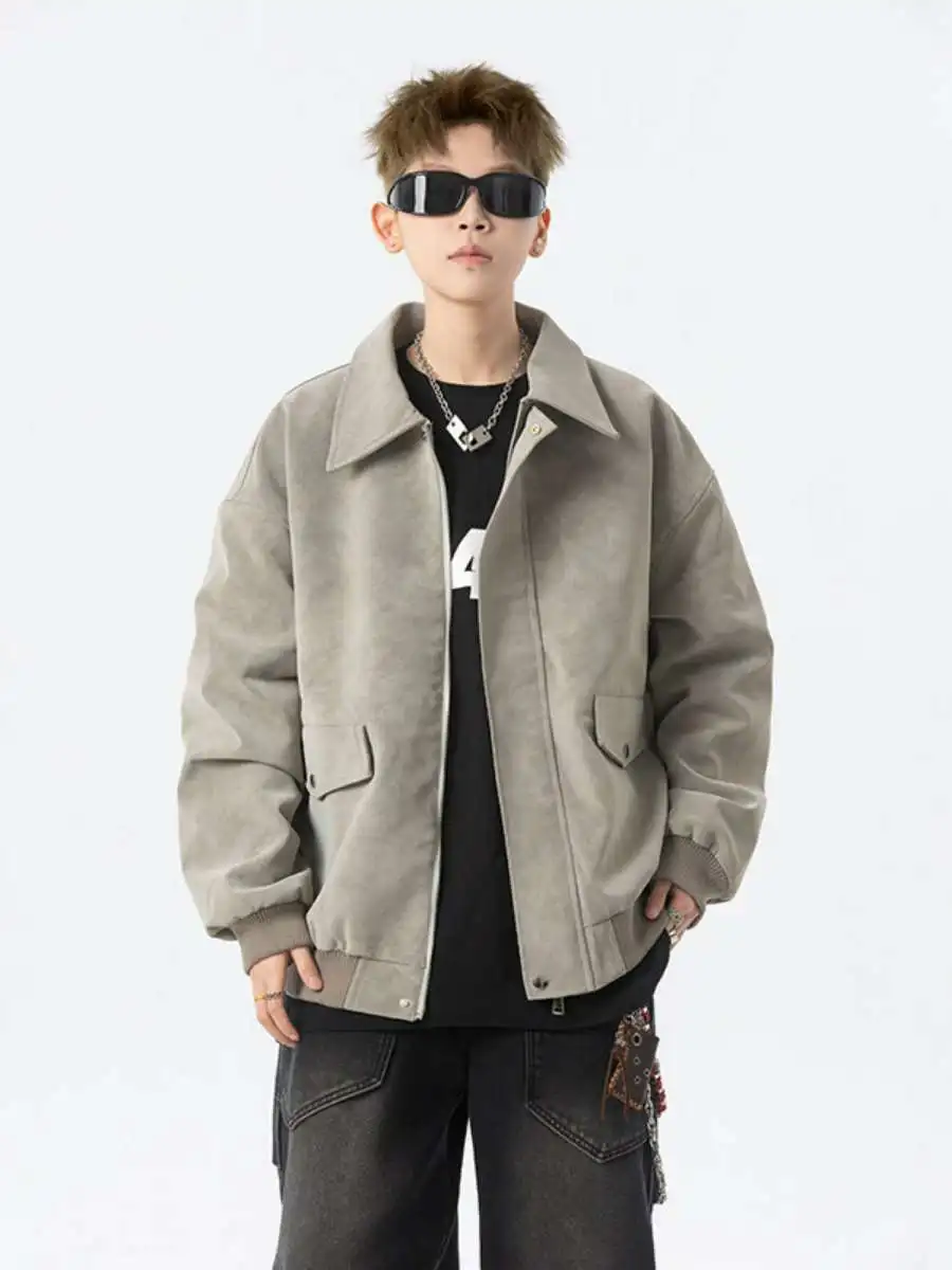 

Men's PU Leather Jaet Spring Autumn Sle Retro Collar Tee-Proof Faionable Casual Coat Youth Loose Fit Tanned Leather