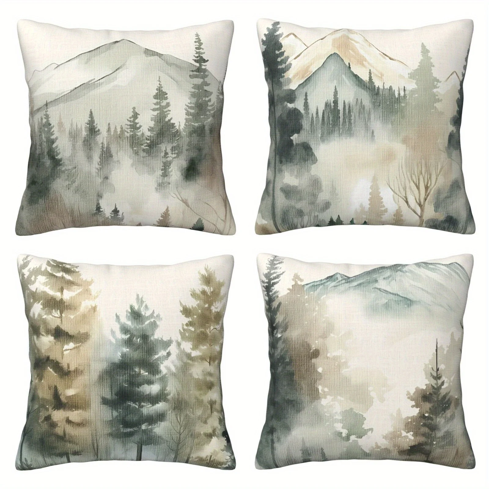 Bohemian Watercolor Nature Pillow Covers 4 Pack Mountain Forest Landscape Print Cushions for Home Decor Rustic Cozy Aesthetic
