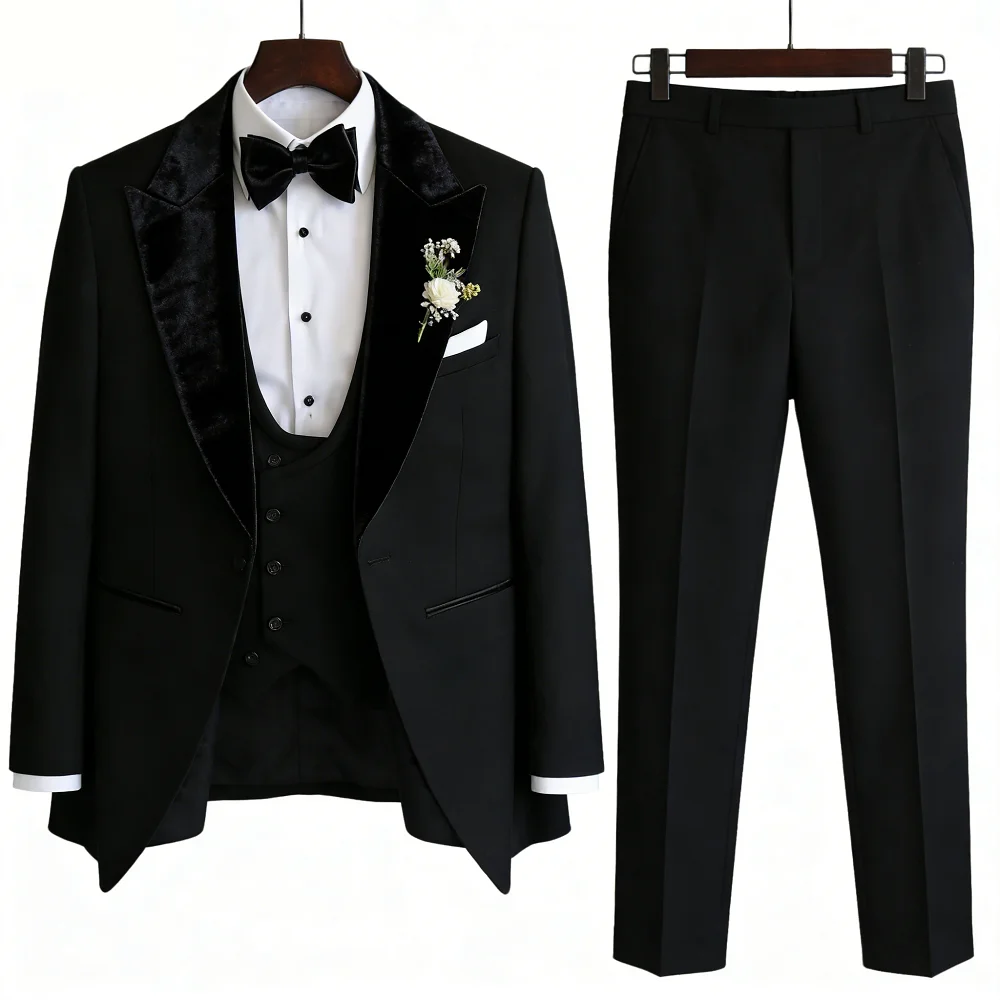 

Мужской свадебный костюм-тройка (блейзер, брюки, галстук) приталенного кроя, однотонный, с отложным воротником, в стиле Smoking, для мужчин