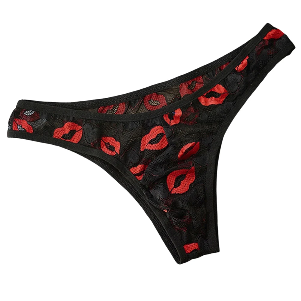 

Men's Sexy Lace Mesh Sheer Gay Sissy Bulge Pouch Briefs Low Rise Lip Printed Underwear For Man Lingerie Ultra Hot Calcinha