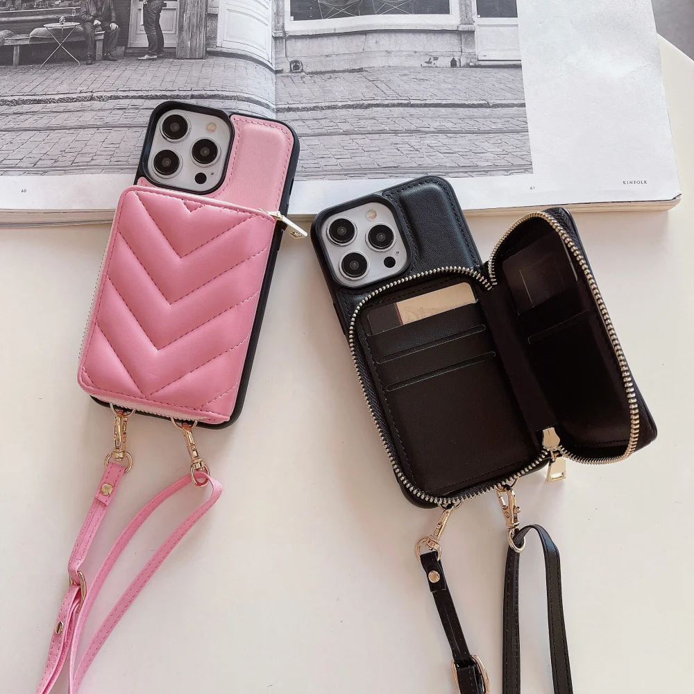 Zipper Lanyard Wallet Cards Bag Leather Case for IPhone 14 Pro Max 15 13 12 11 XR XSMAX 8plus 7PLUS Crossbody Pocket Purse Cover