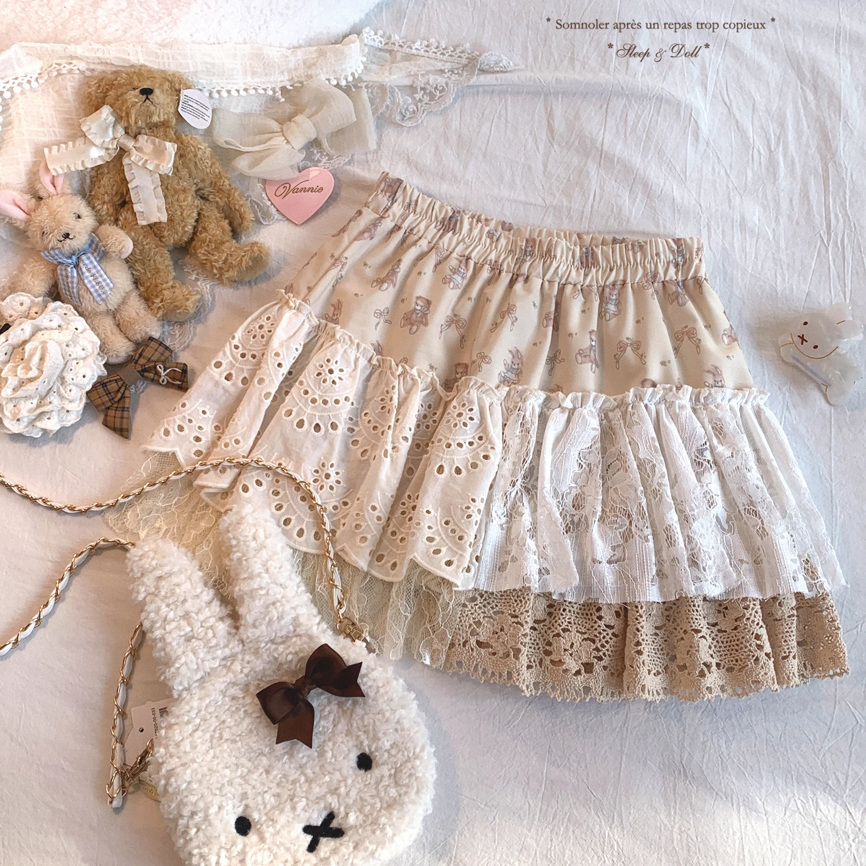 Japanese Elegant Retro Sweet Girl Skirts Elastic High Waist Lace Splicing Cute Bear Print Versatile Mini Cake Skirt Women Summer
