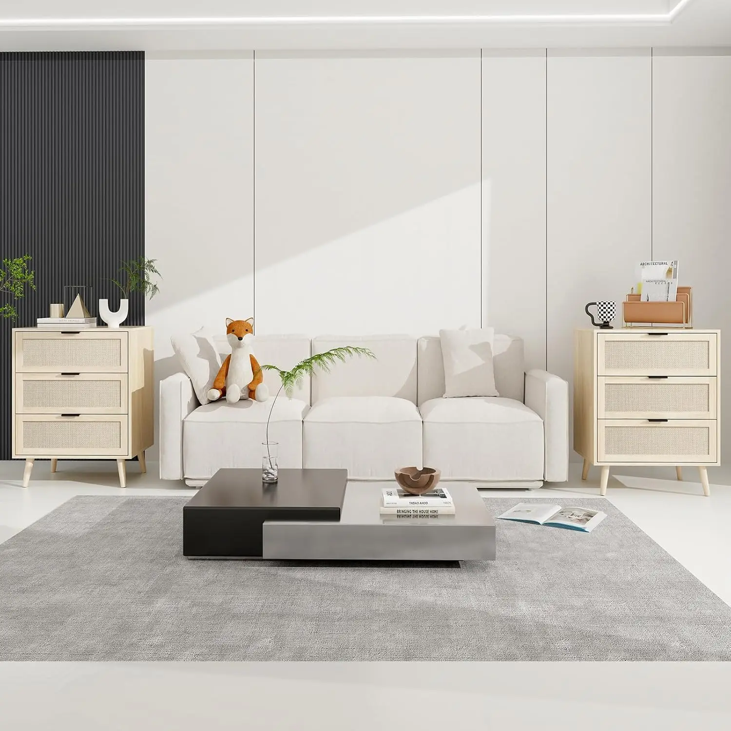 3 Rattan Drawers Dresser For Bedroom, Wood Chest Of Drawers, Modern Accent Storage Cabinet, Wicker Boho Nightstand For Living