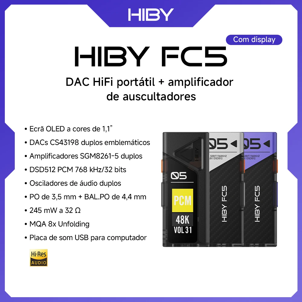HiBy FC5 HiFi USB DAC Amplificador de Fone de Ouvido com DACs Duplos CS43198 e Amplificadores Duplos SGM8261-5 DSD512 PCM 768kHz/32bit MQA 8x 245mW