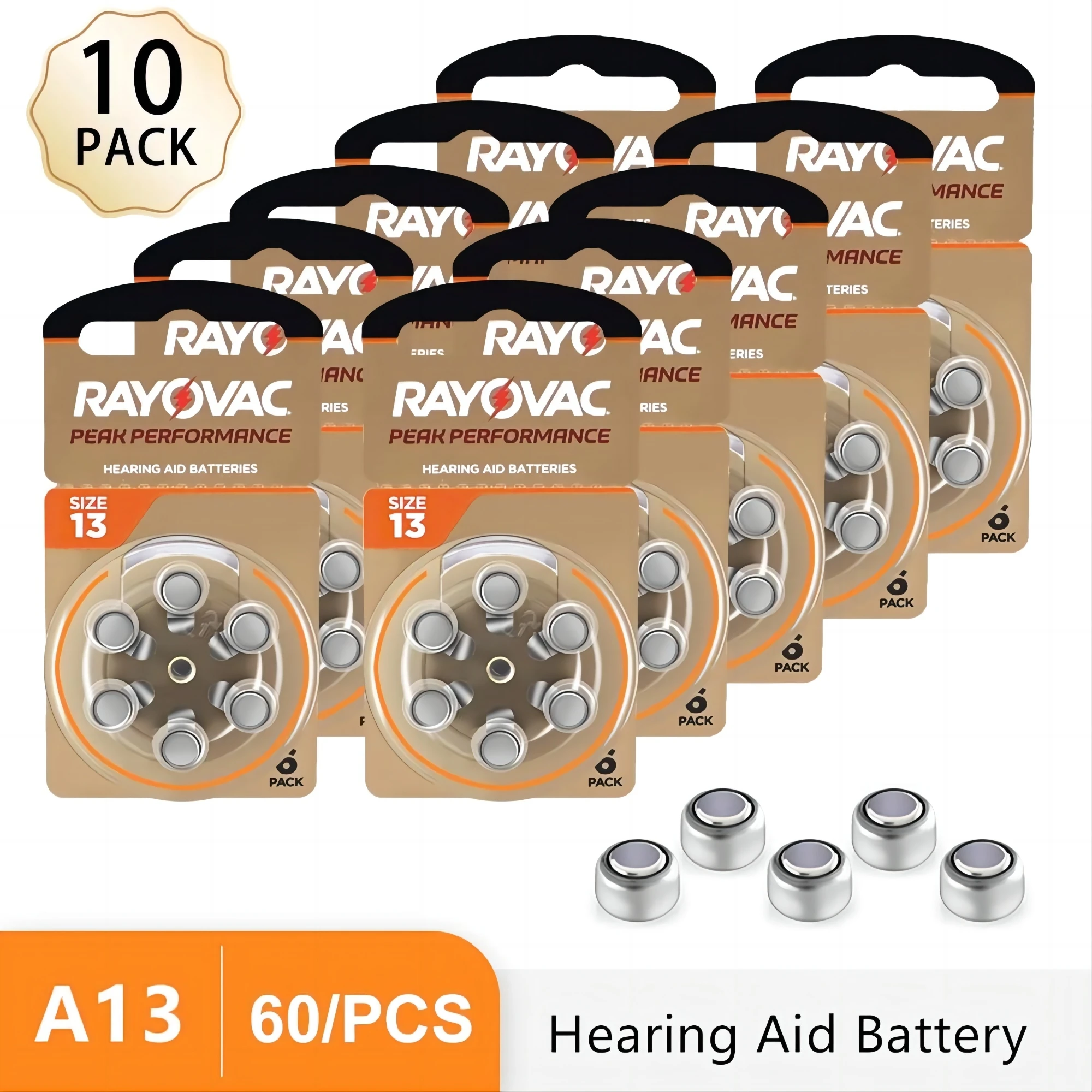 Hearing Aid Batteries 60PCS / 10 Cards RAYOVAC PEAK 1.45V 13A A13 13 P13 PR48 Zinc Air Battery For BTE CIC RIC OE Hearing Aids