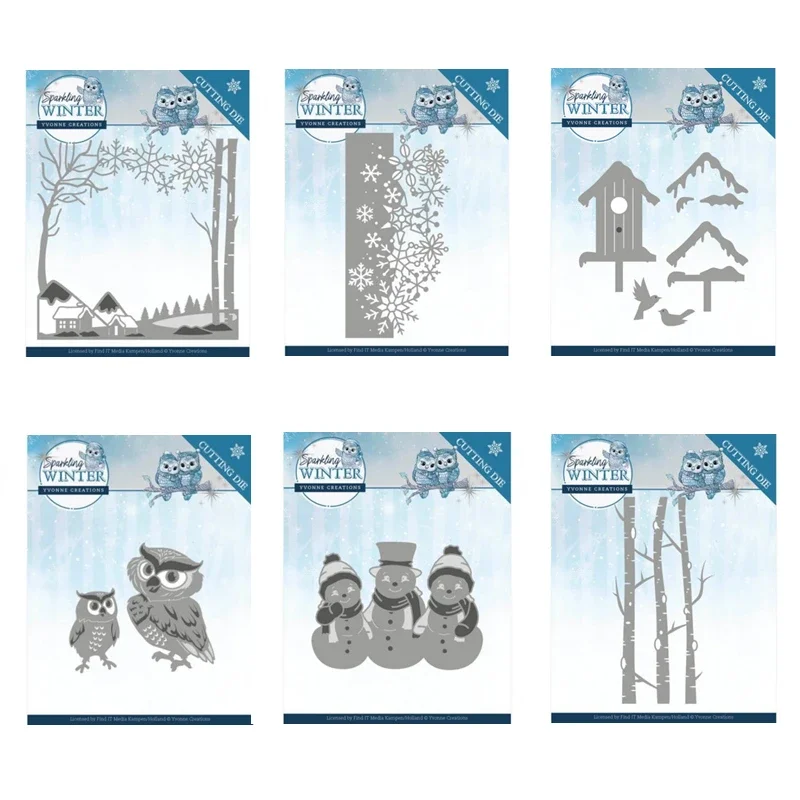 Sparkling Border Winter Landscape Owls Birch Trees Metal Cutting Dies for Scrapbooking Paper Making Embossing Frame Card Craft