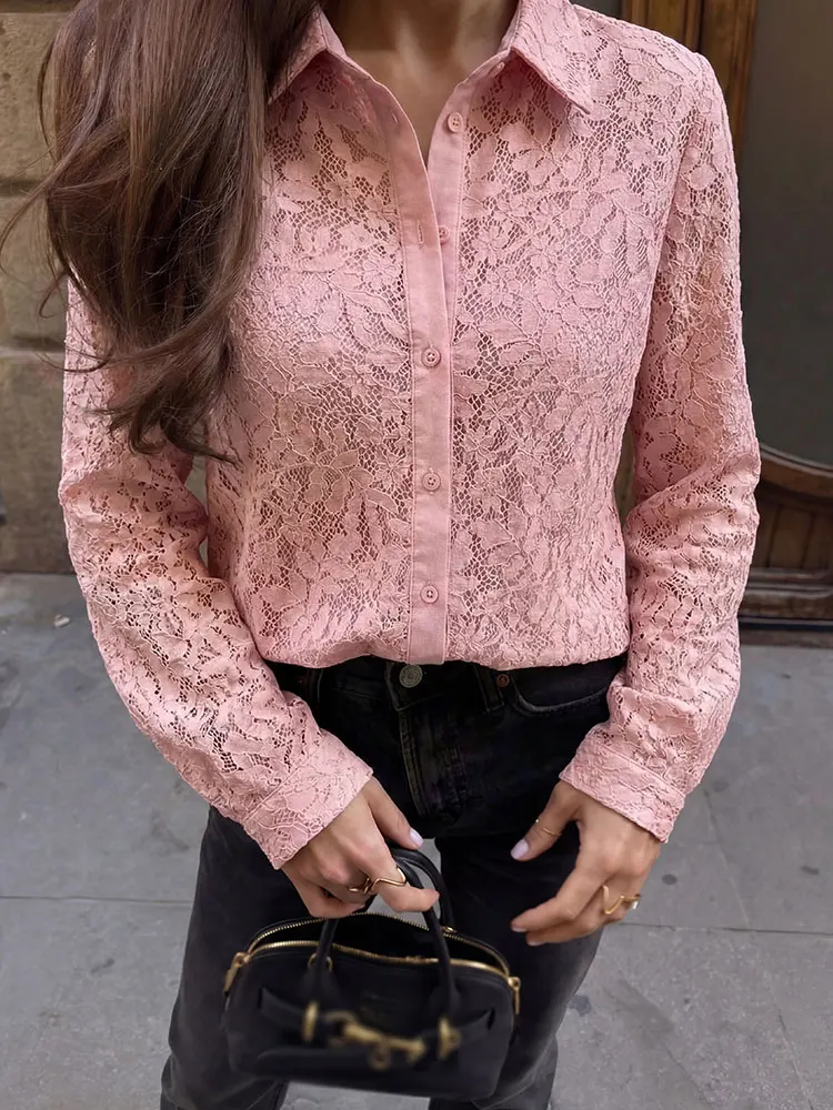 

HH Elegant Women's Sheer Floral Lace Blouse Collared Long Sleeve Button Up Shirt for Date Night Wedding Guest and Evening Wear