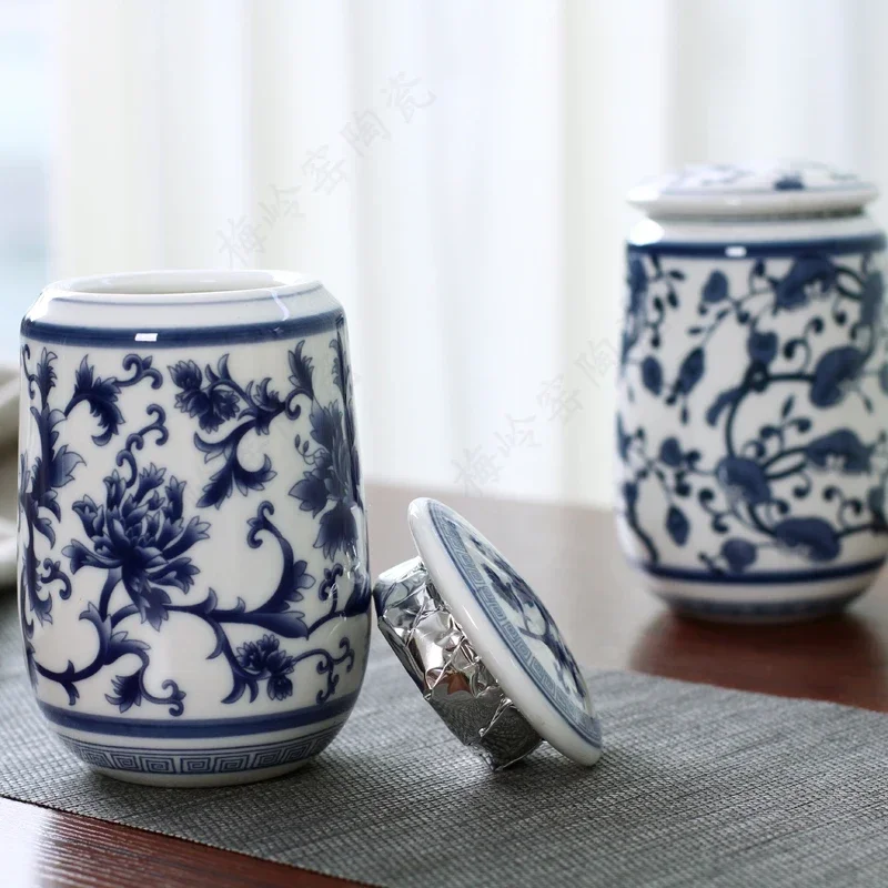 Chinese Palace Blue and White Porcelain Tea Caddy Portable Ceramics Sealed Containers Travel Tea Bag Storage Box Coffee Canister