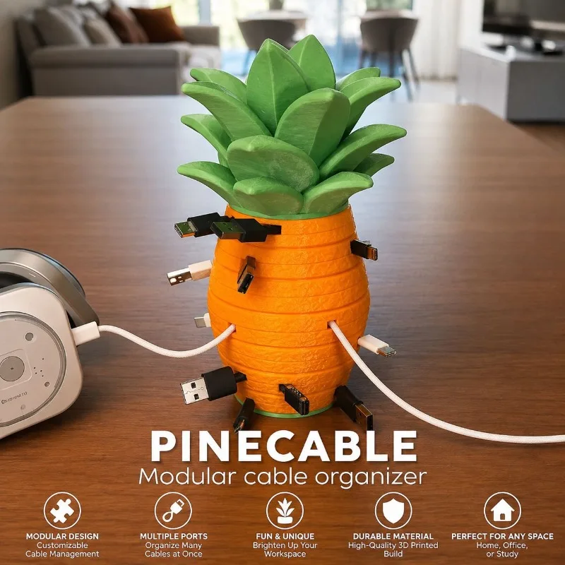 3D Printed Pineapple Cable Organizer - Fun Desktop Wire Management Holder for Cords, Chargers & Earbuds