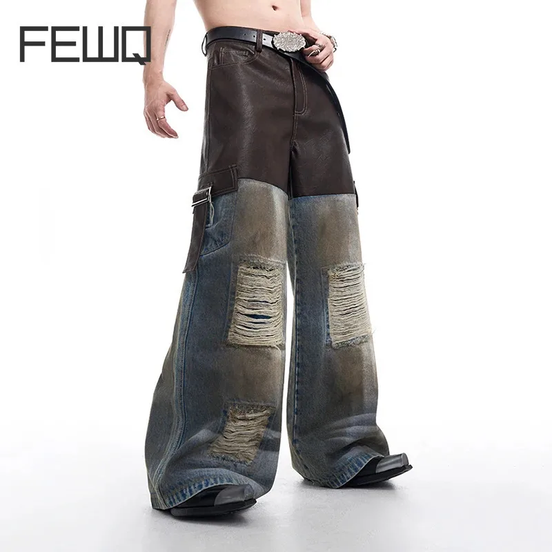 FEWQ Niche PU Leather Patchwork Men's Jeans Autumn Winter 2024 Vintage Denim Jacket Turn-down Collar Male Sets Streetwear