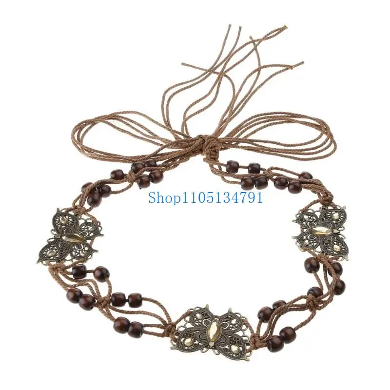 

Коричневый пояс длиной 98 км с бусами и бабочками, винтажная кисточка, хлопковая веревка, плетеная поясная цепочка