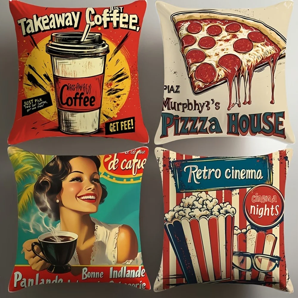 Vintage-Inspired Pillowcases: Coffee, Pizza, Retro Cinema, and Café-Themed for Unique Home Decor Sofa cushion cover