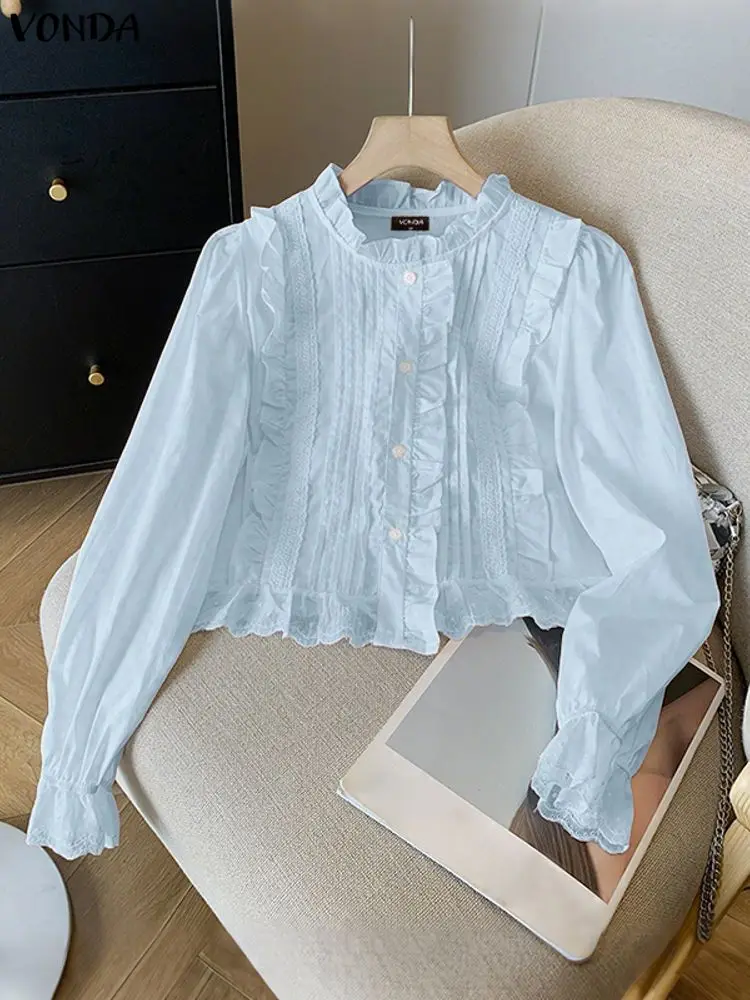 VONDA, camisa a la moda con volantes para mujer, otoño 2025, blusa lisa de manga larga con cuello redondo, Blusas informales holgadas coreanas de calle para mujer