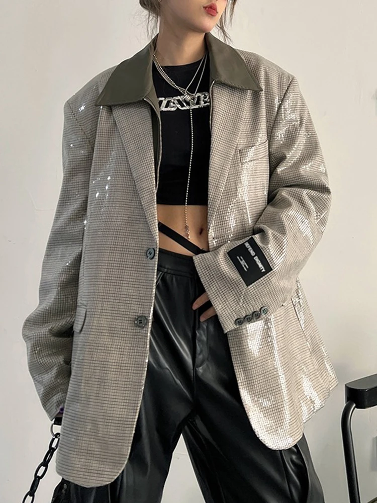 YERMORA Gray Sequins Big Size Casual Blazer For Women Lapel Long Sleeve Loose New Jacket Fashion Tide Spring Autumn 2025 A941