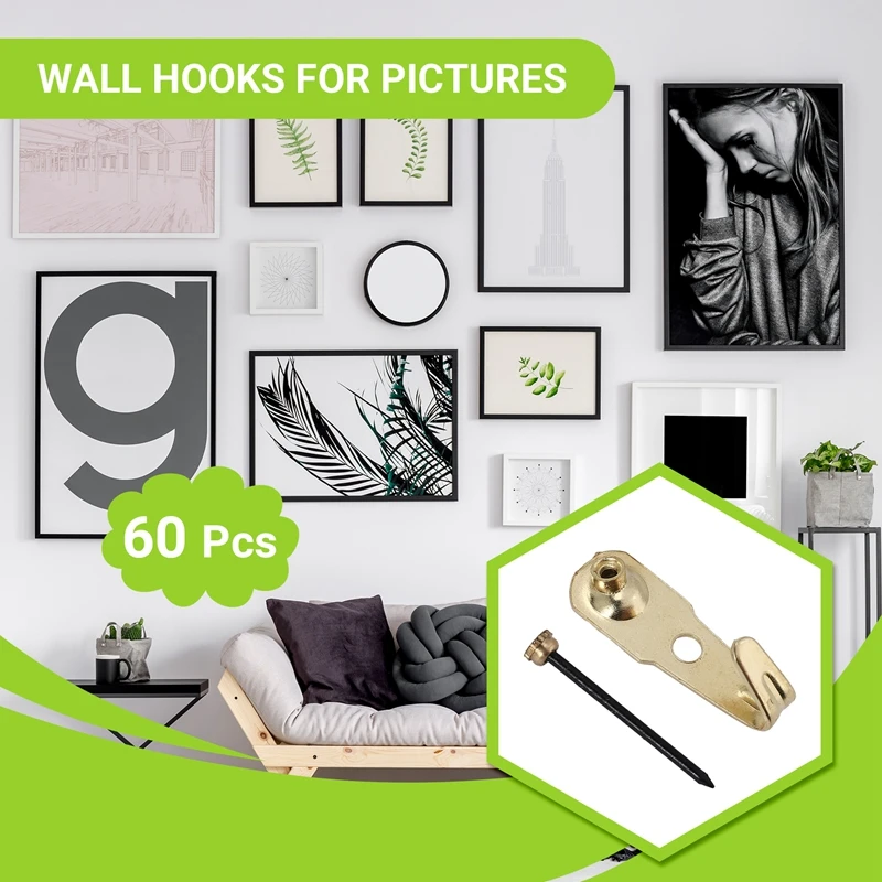 A01F-60 Pcs 30 Lb Picture Hangers With Nails Photo Frame Hanger Hooks Picture Hanging Nails For Hanging Clock