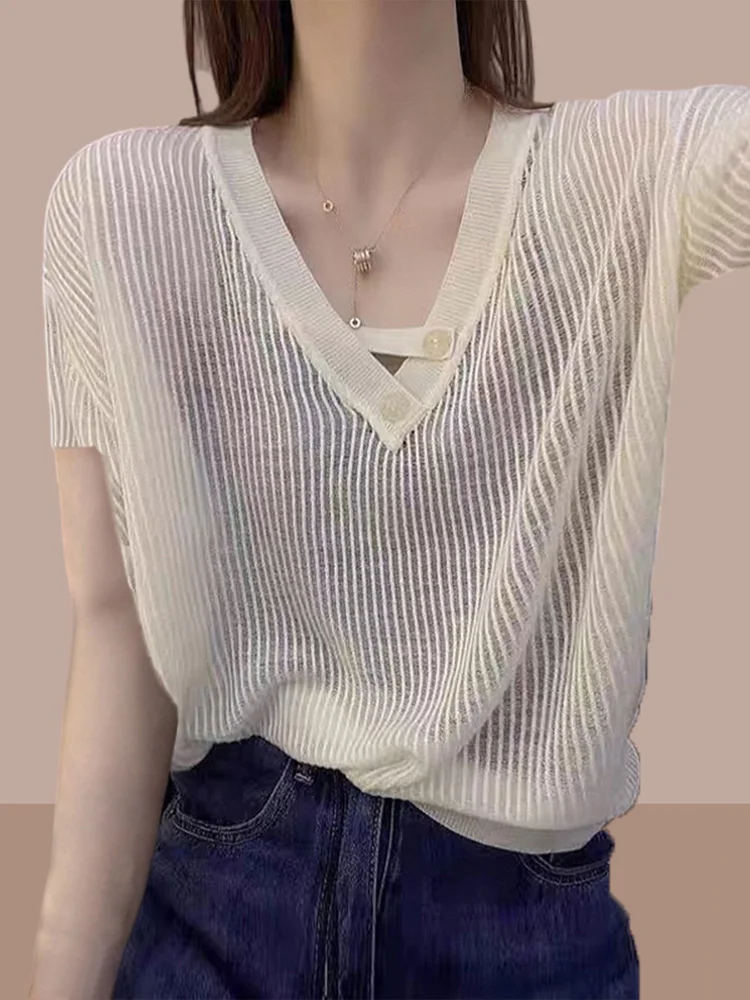 Fashionable Ice Silk Knitted Top Women's Summer New Style Short Sleeve Casual Loose Fit round Neck T-Shirt Elegant Atmosphere