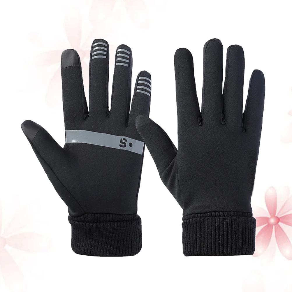 Outdoor Thicken Warm Windproof Gloves Full Cover Breathable Cycling Fishing Hiking Camping Reflective Touch Screen Black Size L