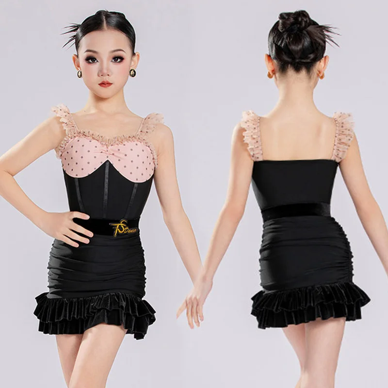 

Летняя детская одежда для латинских танцев, тренировочная одежда для девочек, топы без рукавов, черная юбка, костюм для танцев ча-ча-румба, платье для выступлений