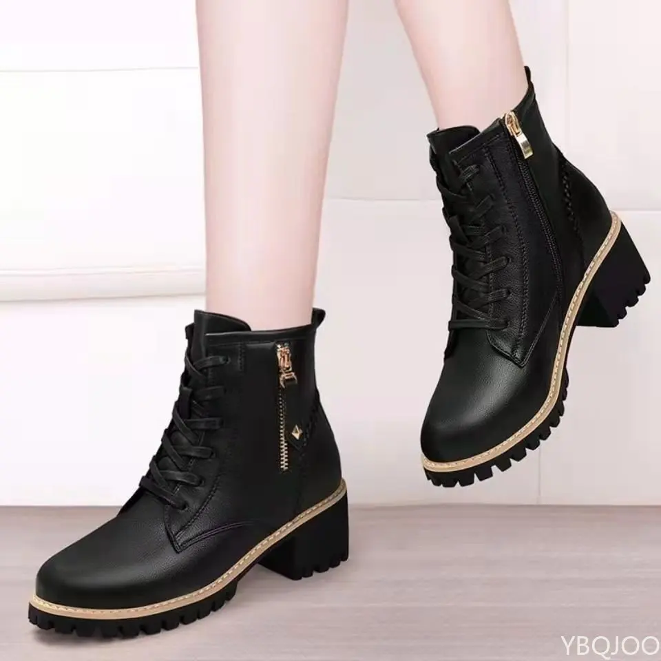 Women Shoes Boots Ankle 2023 Autumn British Wind Genuine Leather Thick With Fur Ladies Short Boots Motorcycle