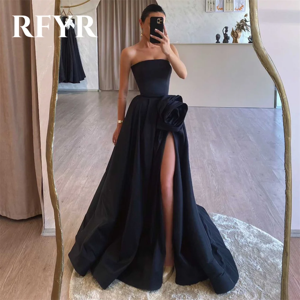 RFYR Simple Black A-Line Formal Dresses Stain Pleats Split Party Dress For Wedding Strapless Special Occasion Dress Customized