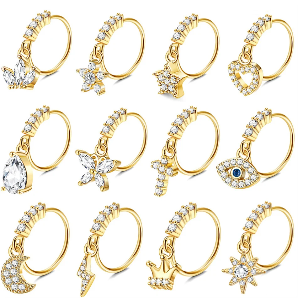 Anneaux de nez en cristal CZ avec breloques pendantes, bijoux dorés pour piercing de cartilage, hélix, tragus, daith, rook, lobe