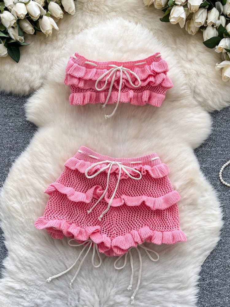 

Summer new sexy two-piece set women knitted lace-up design short style strapless vest+high waisted mesh hollow out shorts
