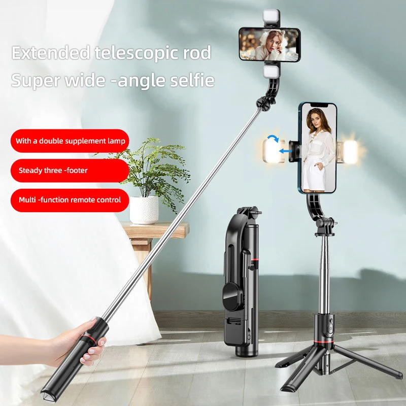 

1.7m Extendable live Tripod Selfie Stick Support LED Ring Dual light mirror Stand 4 in 1 Phone Mount for iPhone X 8 11 Android