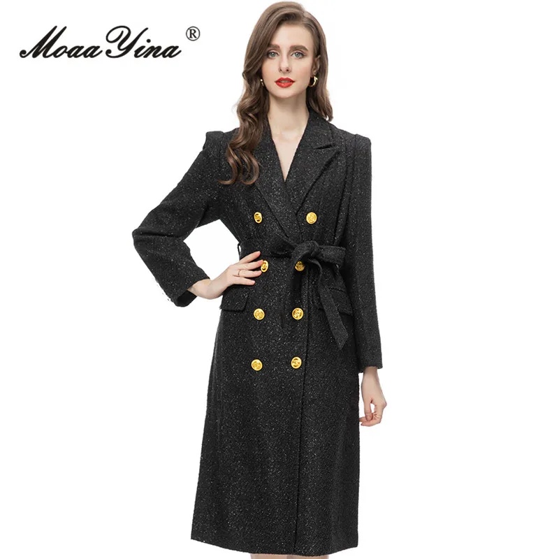 

Gedivoen Winter Fashion Designer Black Vintage Party Trench Coats Women's Lapel Button Frenulum Gathered Waist Long Trench Coats