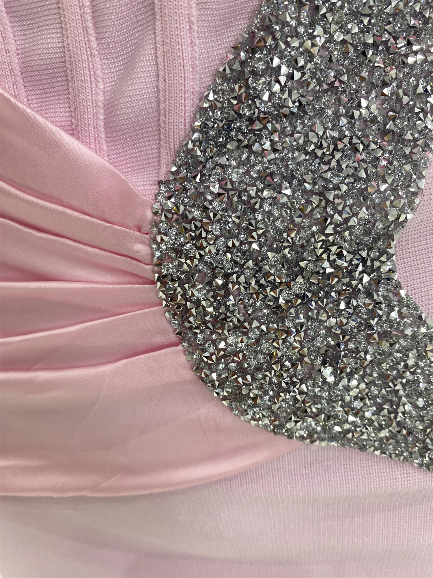 Pink Off Shoulder Satin Bandage Patchwork Evening Dress Silver Glitter Rhinestone Corset Formal Party Gown Guest Look Wholesale