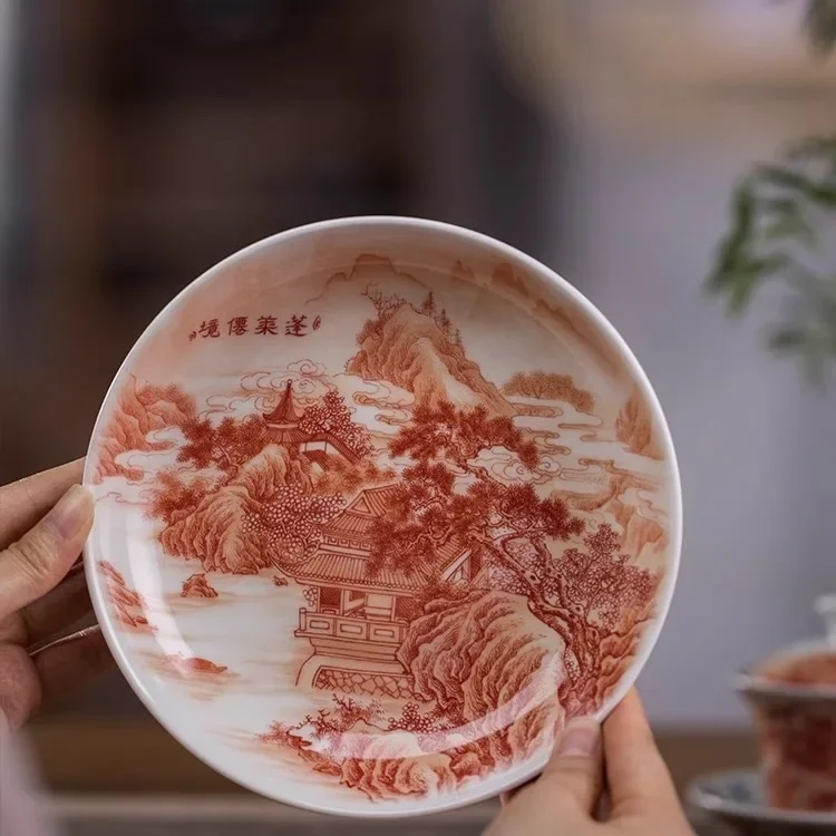 Jingdezhen Yanhong Landscape Horseshoe Cover Bowl Not Hot Tea Bowl Household Ceramic Kung Fu TeaSet Pot Bearing Master Cup Gift