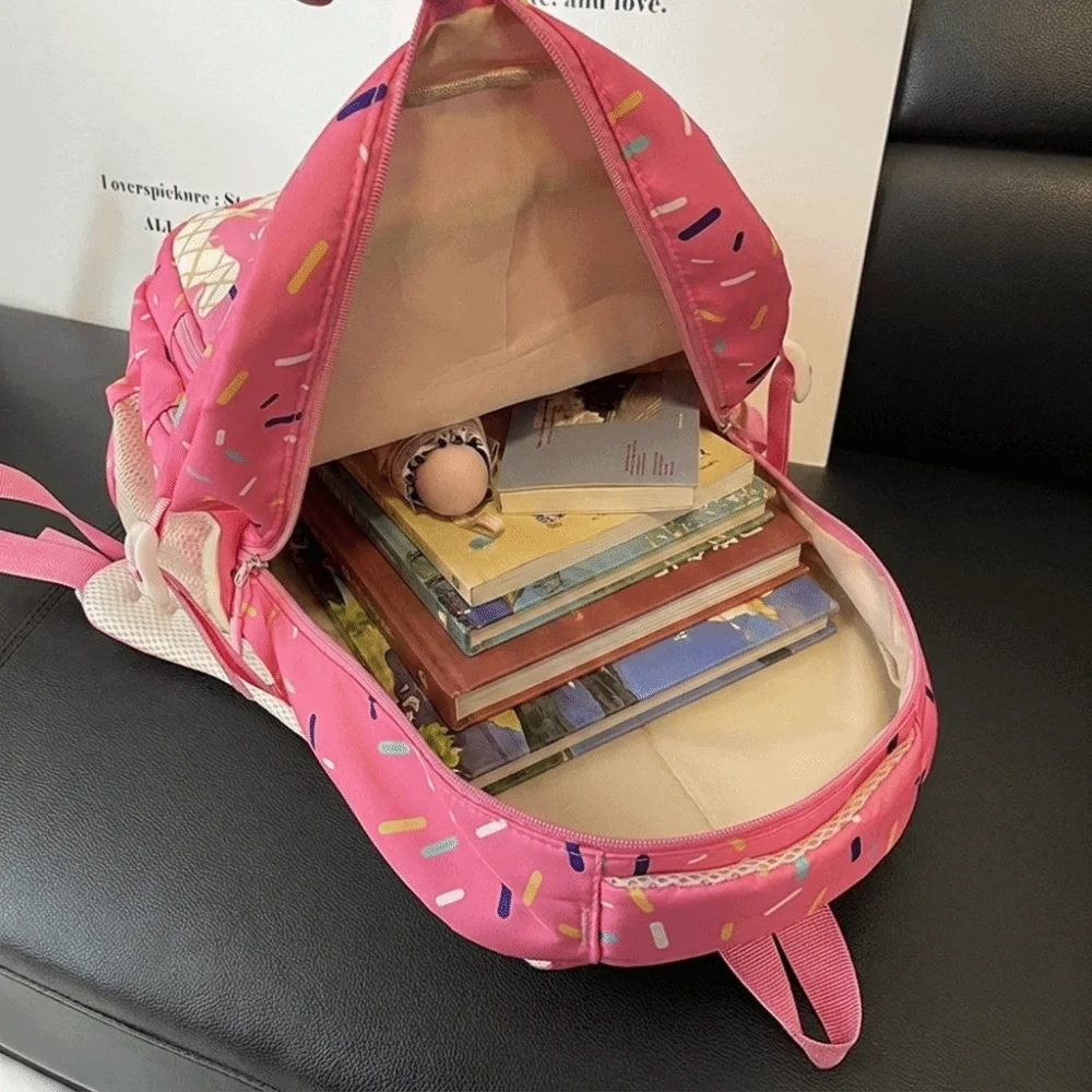 Oxford Fabric Ice Cream Printed Backpack Set with Pencil Case Large Capacity Bookbag with Crossbody Bag Lightweight Tote Bag