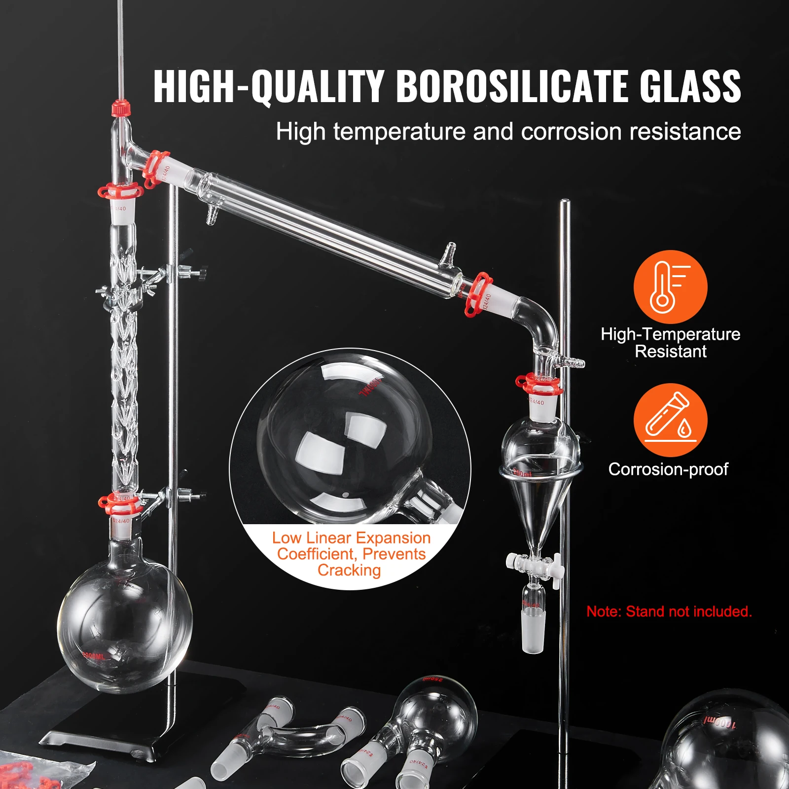 VEVOR 29PCS Essential Oil Distillation Kit 1000ml Distillation Apparatus 3.3 Boro Lab Glassware with Alcohol Lamp Ceramic Mesh
