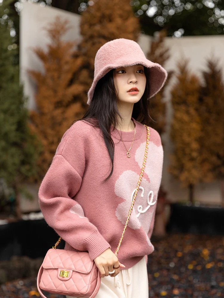 Jmprs Kawaii Floral Knitted Sweaters Women Casual Loose Japan Sweet Pullovers Vintage Long Sleeve Female Cute Fall Winter Jumper