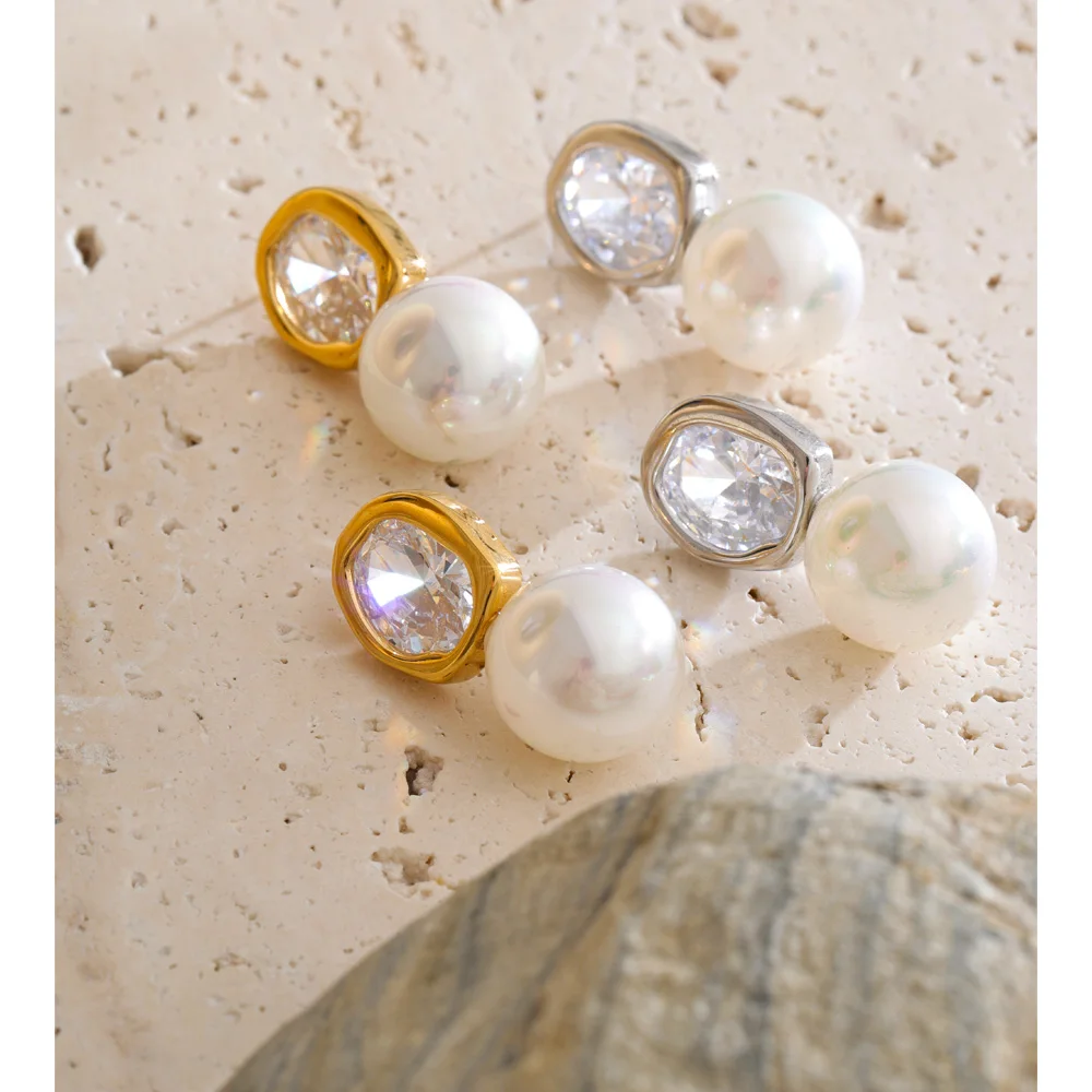 Yhpup Stainless Steel Shiny Zirconia Simulated Pearls Round Stud Earrings Korean Delicate Aesthetic Jewelry Gift Prevent Allergy