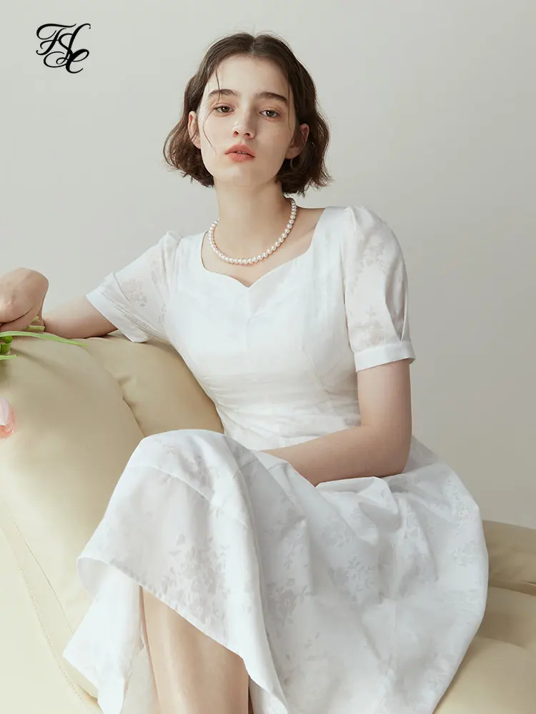 FSLE Women Peach Heart Collar French Dress 2023 Dark Textured Jacquard Summer Long Dress Office Lady High Waist A-LINE Skirts