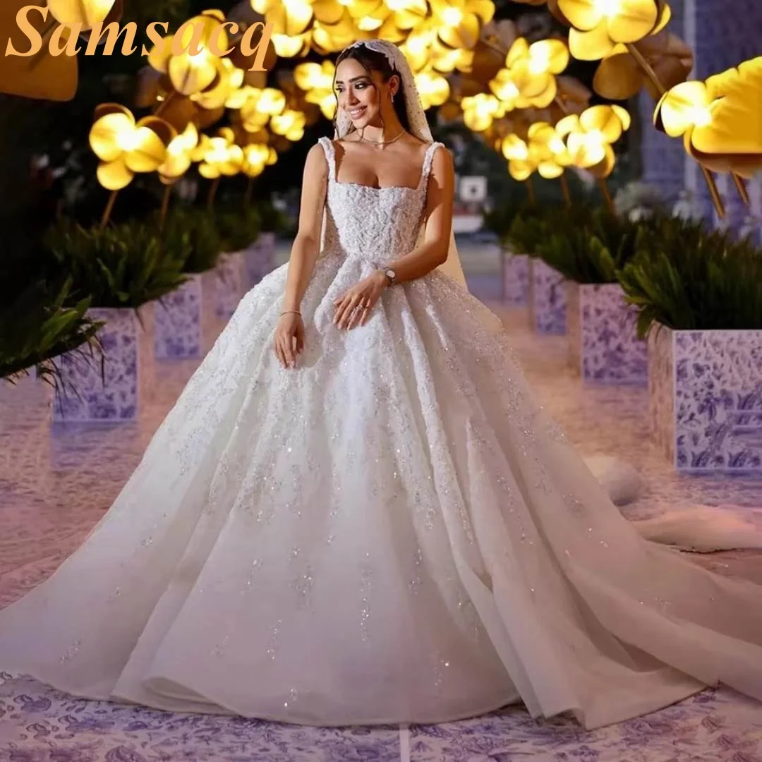 Elegant A-Line Lace Bead Embroidery Women's Wedding Dress Sexy Square Neck Backless Bridal Gown Vestido De Novia Customized