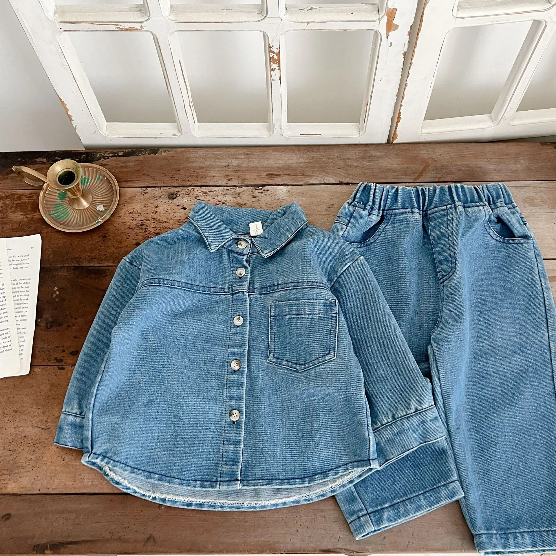 Solid Denim Suit Baby Spring Autumn Long-Sleeved Denim Shirt Jacket Trousers Two-Piece Baby Boys Girls Simple Casual 2PCS