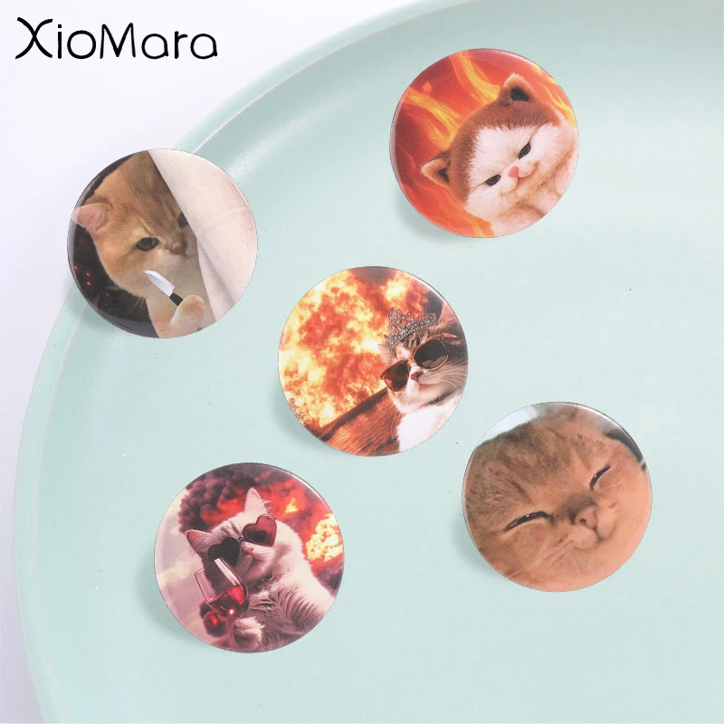 Funny Meme Cat Round Badge, Explosion Angry Cat Enamel Pin, Fashion Backpack Clothing Accessory, Gift For Cat Lovers