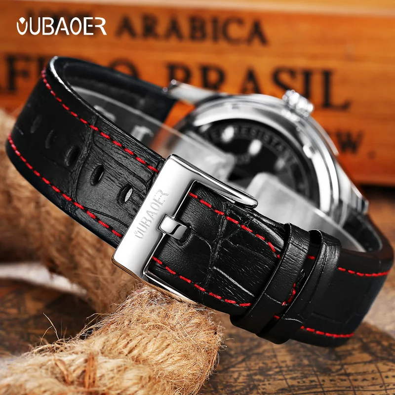 OUBAOER ساعات حركة كوارتز رجالية رجل حزام من الجلد ساعة اليد الذكور شهم سلسلة مقاوم للماء موضة ساعة الذكور عادية