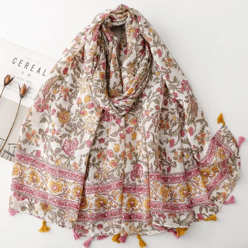 Artistic Style Tassel Cotton Linen Feeling Shawl for Women Floral Print Silk Scarf Fresh Muslim Female Hijab Headwear for Travel