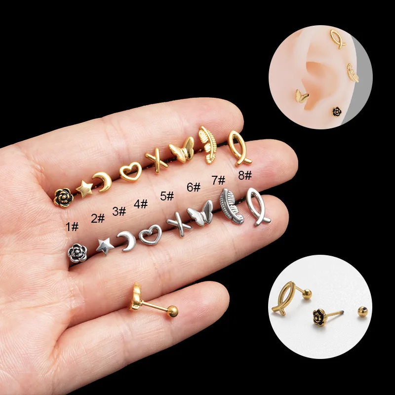 

1Piece 20G Stainless Steel Mini Stud Earrings for Women Men Star Moon Butterfly Small Cartilage Earrings Screw Piercing Jewelry