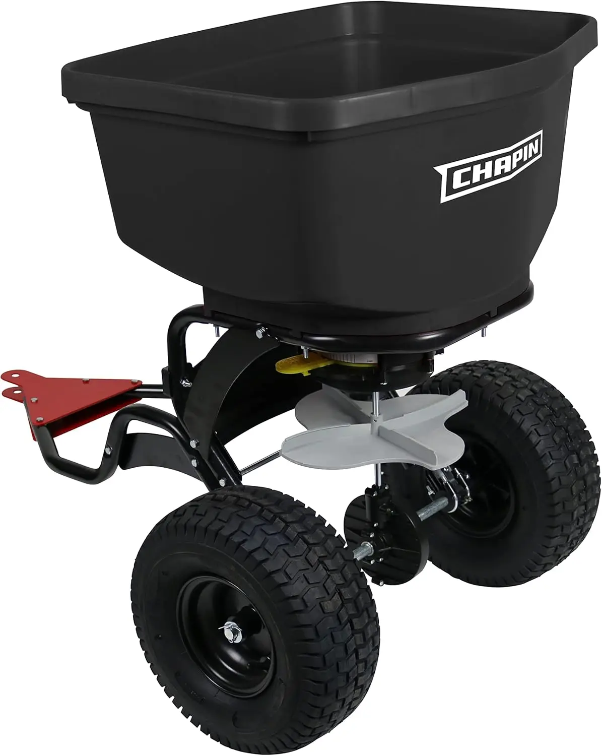 Made in The USA 150-Pound Tow and Pull Behind Spreader with Auto-Stop Dual Impeller That Stops When Not Moving